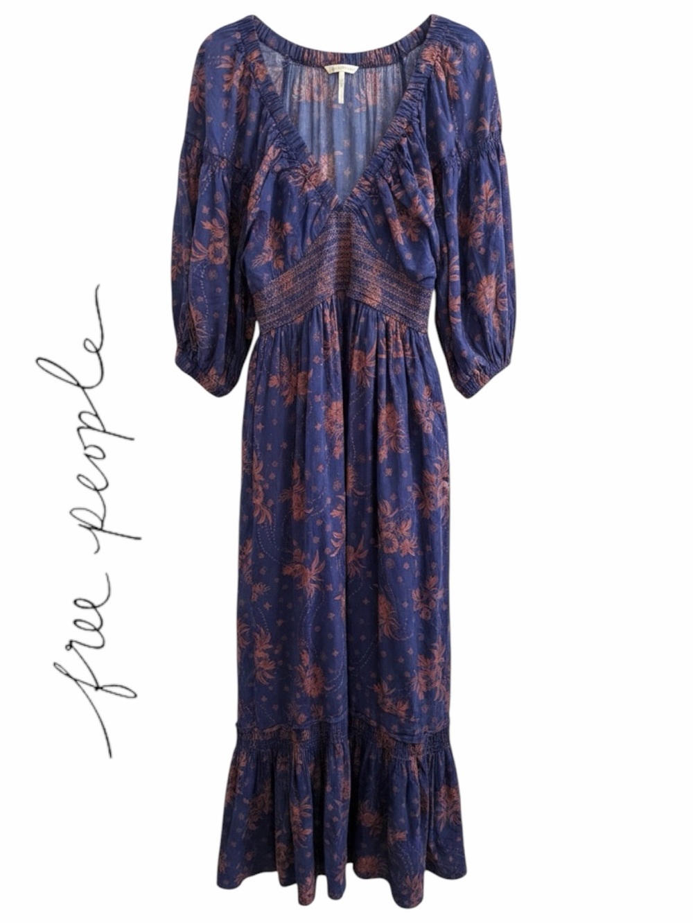 💙Free People Deep Blue Floral Maxi Dress with Rust Accents. Gently worn, size M